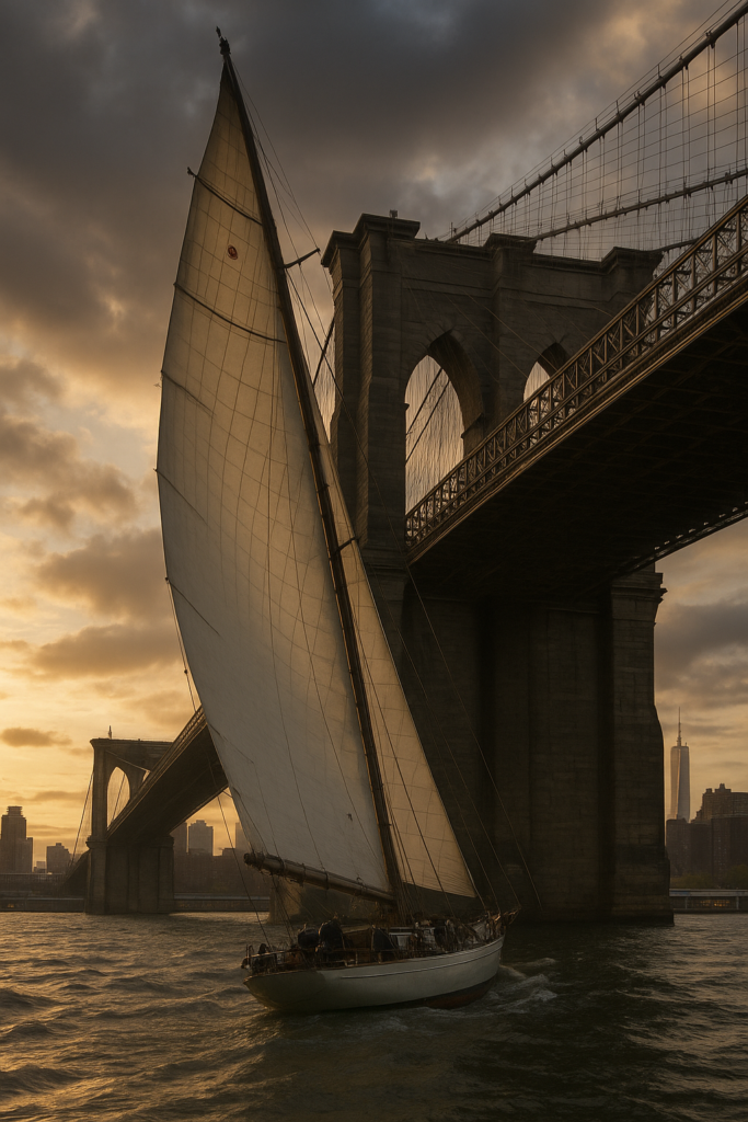 immagine realistica che ritrae una barca a vela mentre si avvicina pericolosamente al ponte di Brooklyn, con dettagli fedeli e atmosfera drammatica.