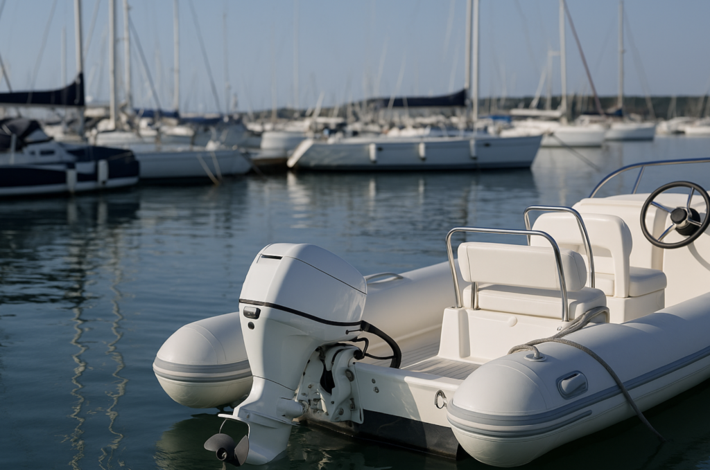 immagine di un porto, con in primo piano un gommone con motore nautico esterno